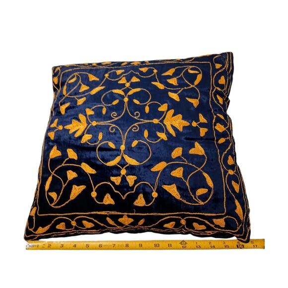 Decor Pillow DOWN 16" Blue VELVET w Gold Embroidery Exotic Fleur de Lis Regency - Picture 9 of 12